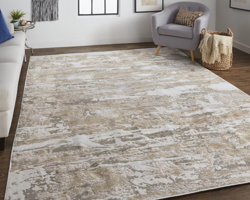 12 x 15 Tan & Ivory Power Loom Distressed Rug