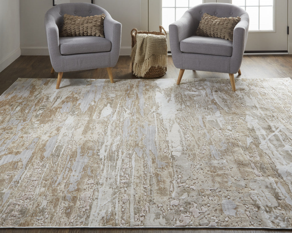 12 x 15 Tan & Ivory Power Loom Distressed Rug