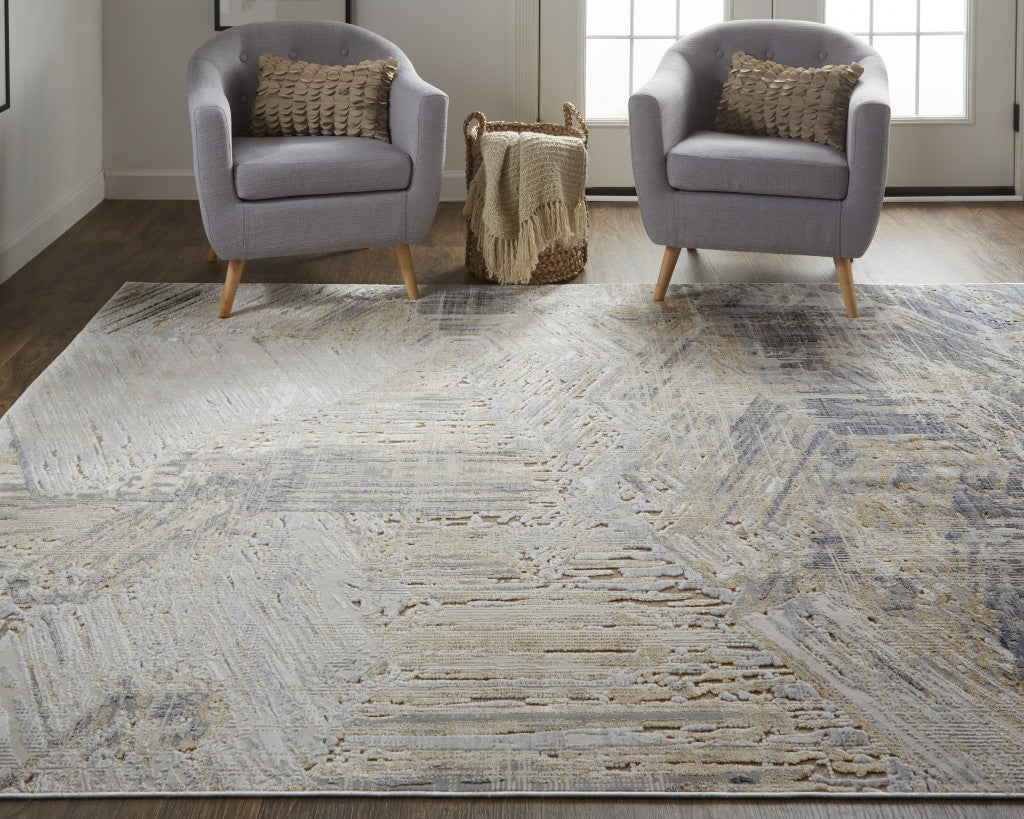 12 x 15 Tan Ivory & Gray Power Loom Distressed Rug