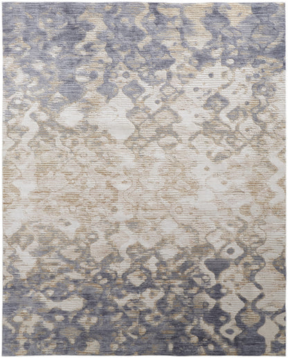 12 x 15 Tan Ivory & Blue Power Loom Distressed Rug