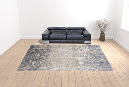 12 x 15 Tan Ivory & Blue Power Loom Distressed Rug