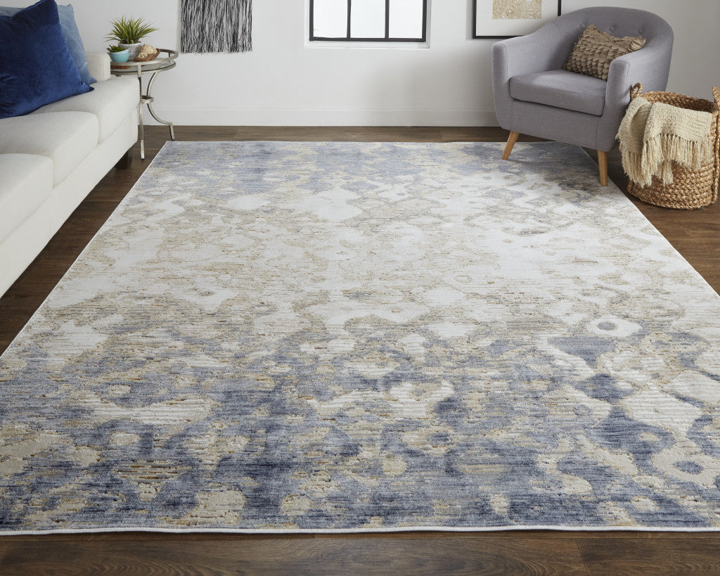 12 x 15 Tan Ivory & Blue Power Loom Distressed Rug