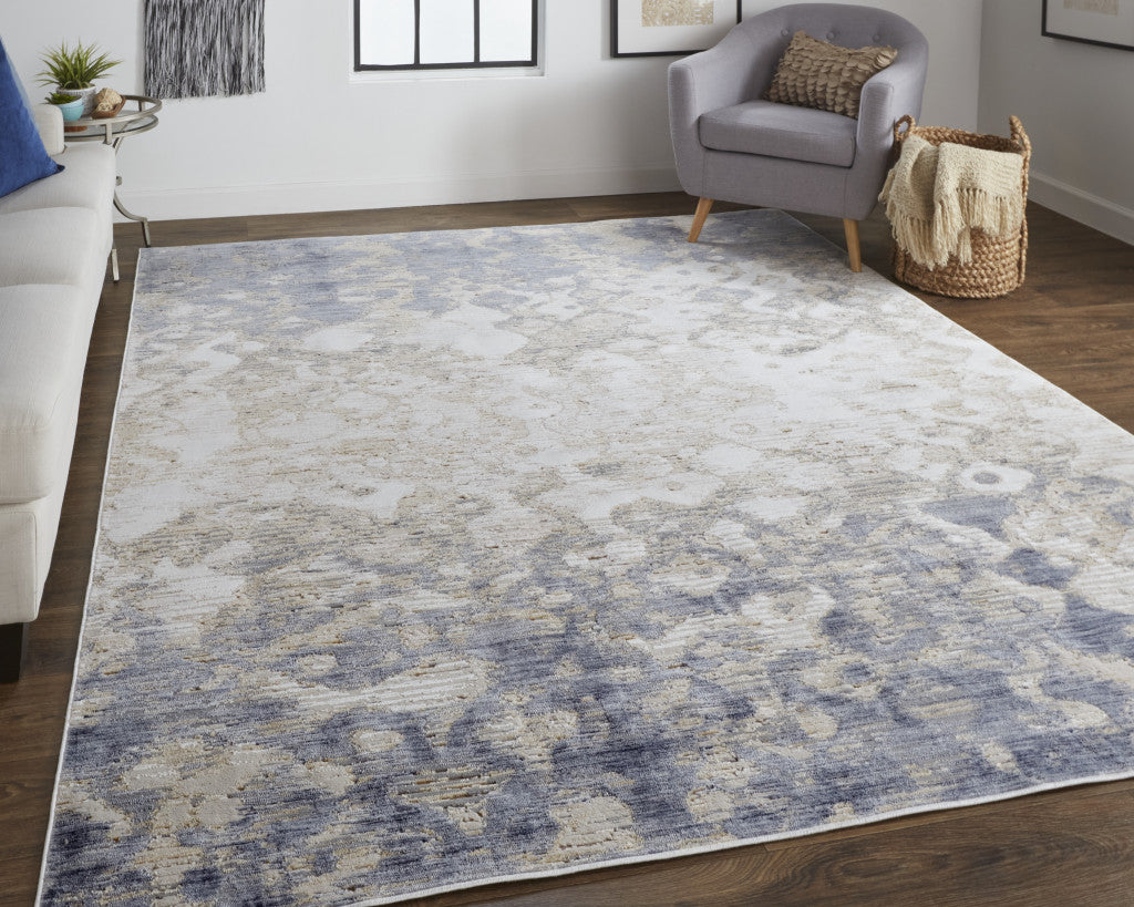 12 x 15 Tan Ivory & Blue Power Loom Distressed Rug