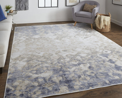 12 x 15 Tan Ivory & Blue Power Loom Distressed Rug