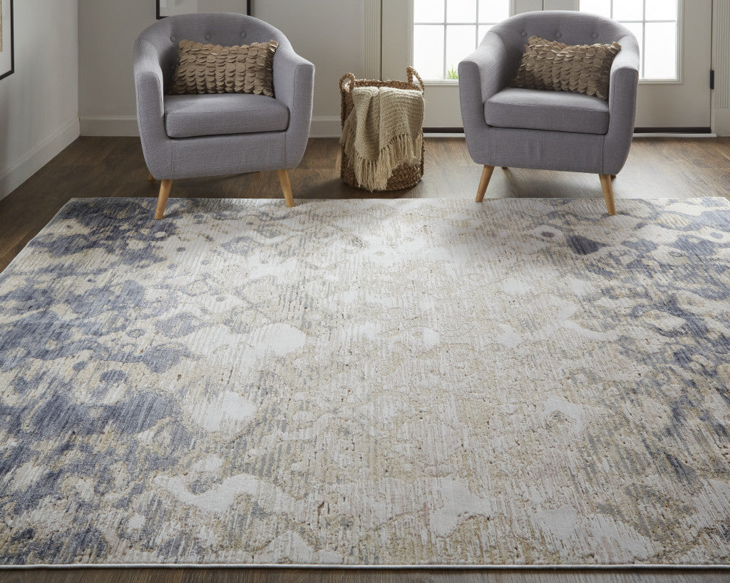 12 x 15 Tan Ivory & Blue Power Loom Distressed Rug