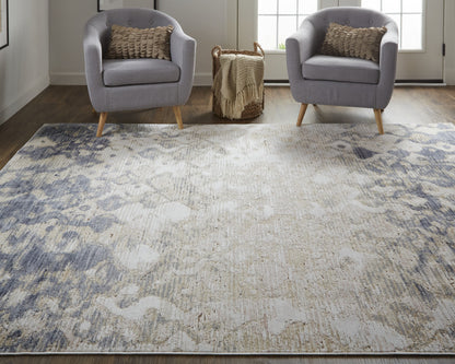 12 x 15 Tan Ivory & Blue Power Loom Distressed Rug