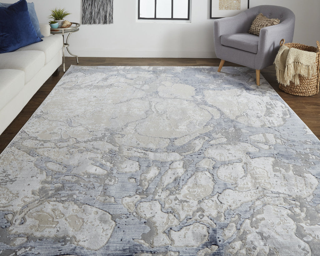 12 x 15 Ivory & Blue Power Loom Distressed Rug