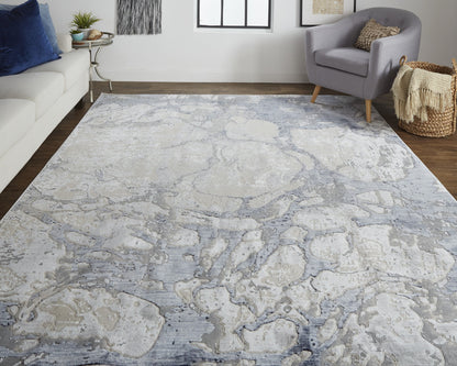 12 x 15 Ivory & Blue Power Loom Distressed Rug