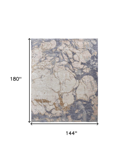 12 x 15 Tan & Blue Power Loom Distressed Rug