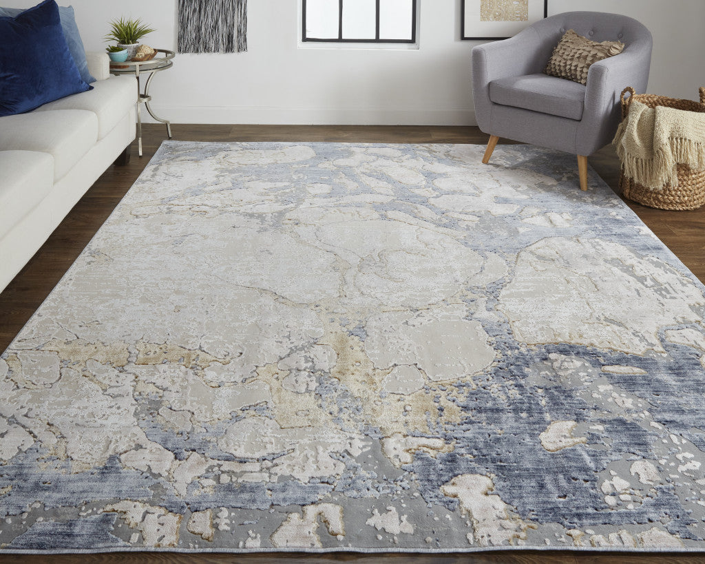 12 x 15 Tan & Blue Power Loom Distressed Rug