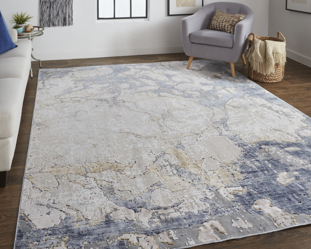 12 x 15 Tan & Blue Power Loom Distressed Rug