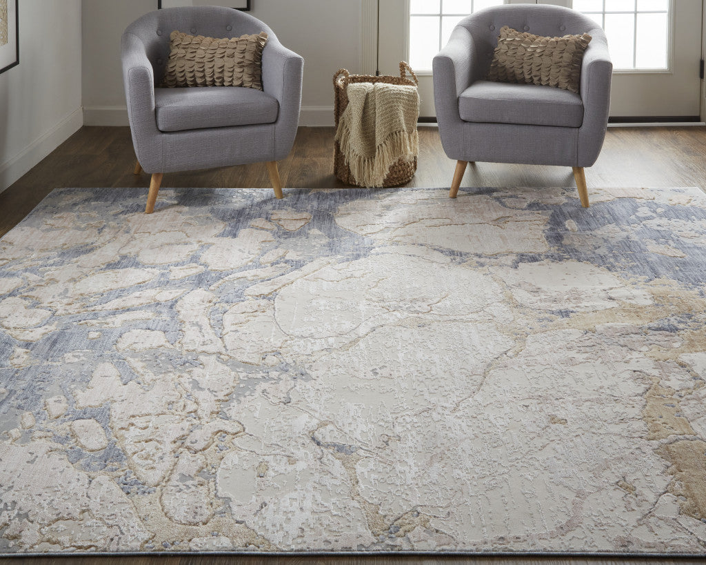 12 x 15 Tan & Blue Power Loom Distressed Rug