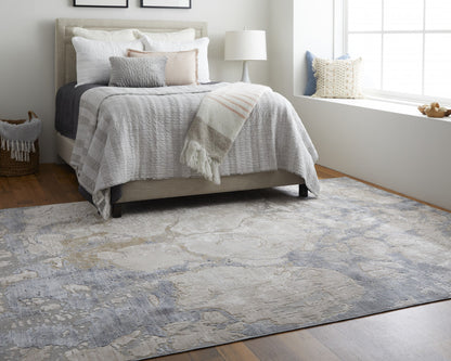 12 x 15 Tan & Blue Power Loom Distressed Rug