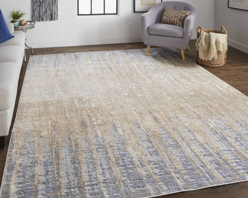 12 x 15 Tan Brown & Blue Power Loom Distressed Rug