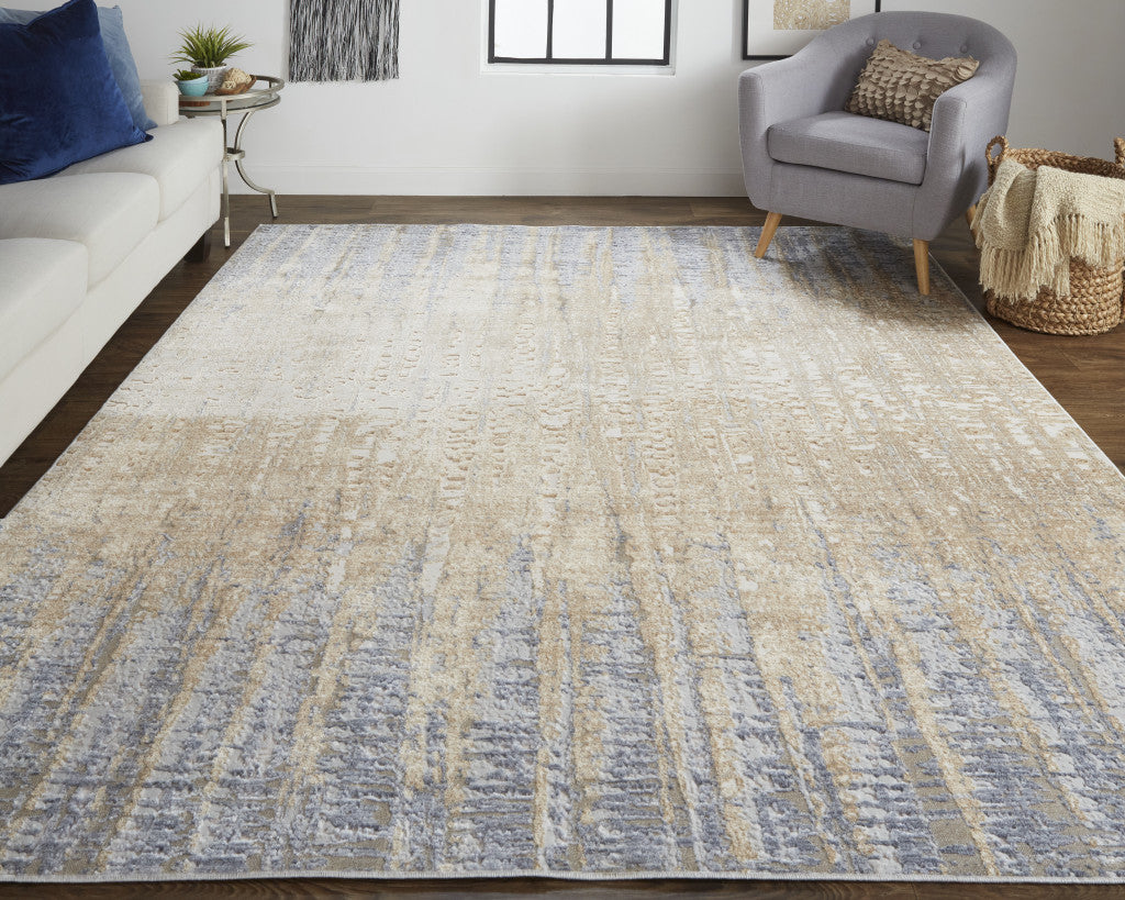 12 x 15 Tan Brown & Blue Power Loom Distressed Rug
