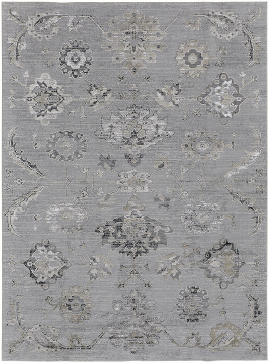 10 x 13 Silver & Black Floral Power Loom Distressed Rug