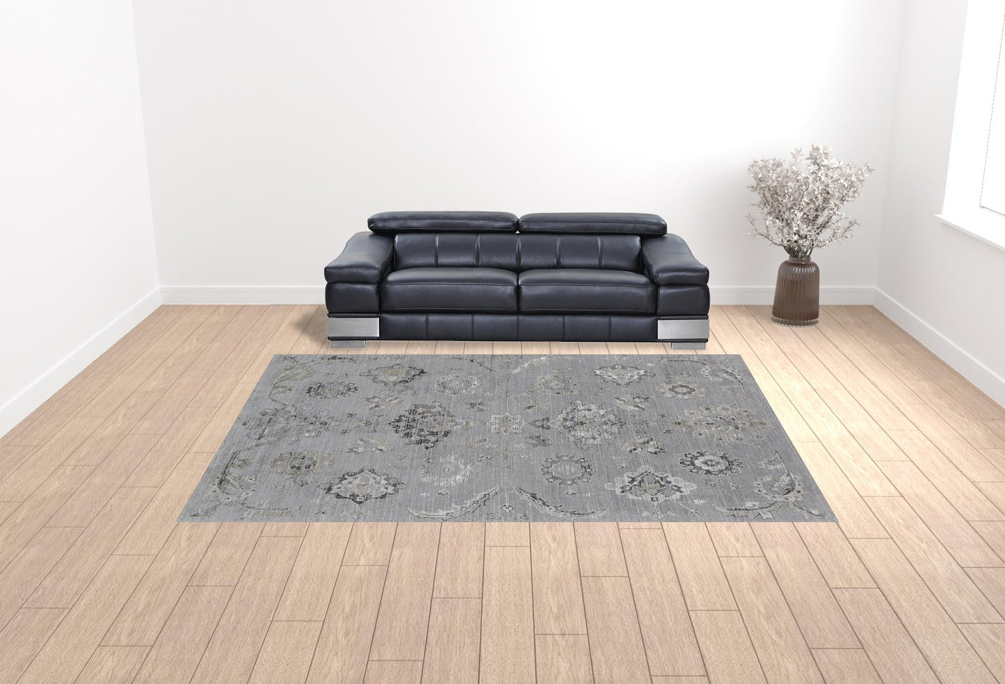 10 x 13 Silver & Black Floral Power Loom Distressed Rug