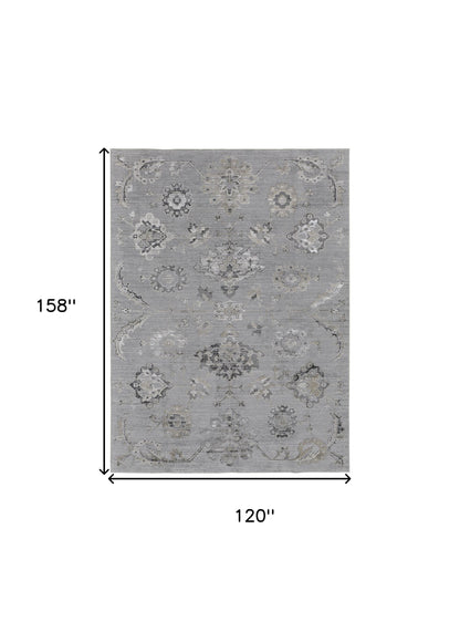 10 x 13 Silver & Black Floral Power Loom Distressed Rug