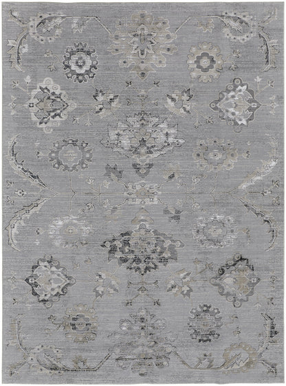 12 x 15 Silver & Black Floral Power Loom Distressed Rug