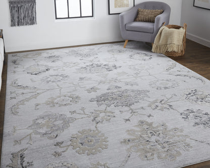12 x 15 Silver & Black Floral Power Loom Distressed Rug