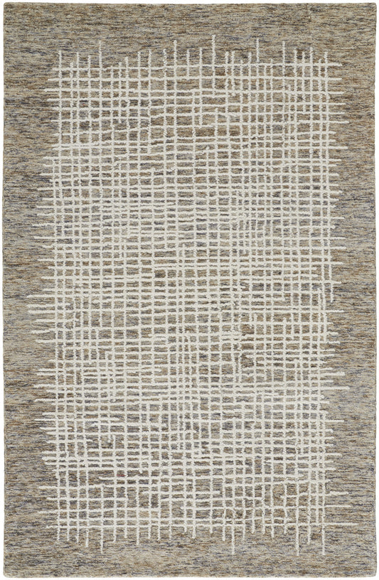 12 x 15 Tan & Ivory Wool Plaid Tufted Handmade Rug