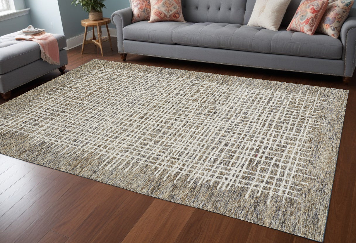 12 x 15 Tan & Ivory Wool Plaid Tufted Handmade Rug