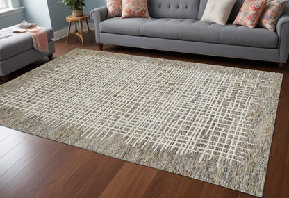 12 x 15 Tan & Ivory Wool Plaid Tufted Handmade Rug