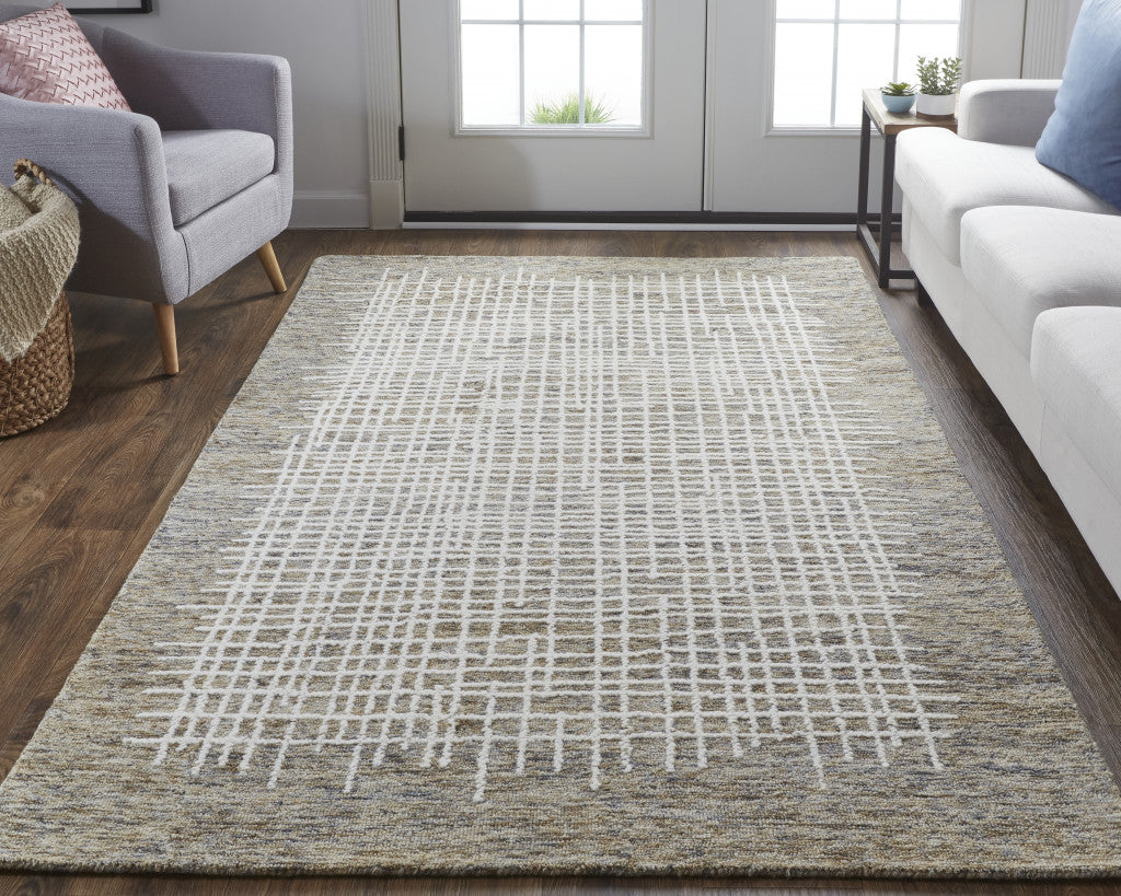 12 x 15 Tan & Ivory Wool Plaid Tufted Handmade Rug