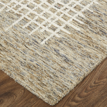 12 x 15 Tan & Ivory Wool Plaid Tufted Handmade Rug