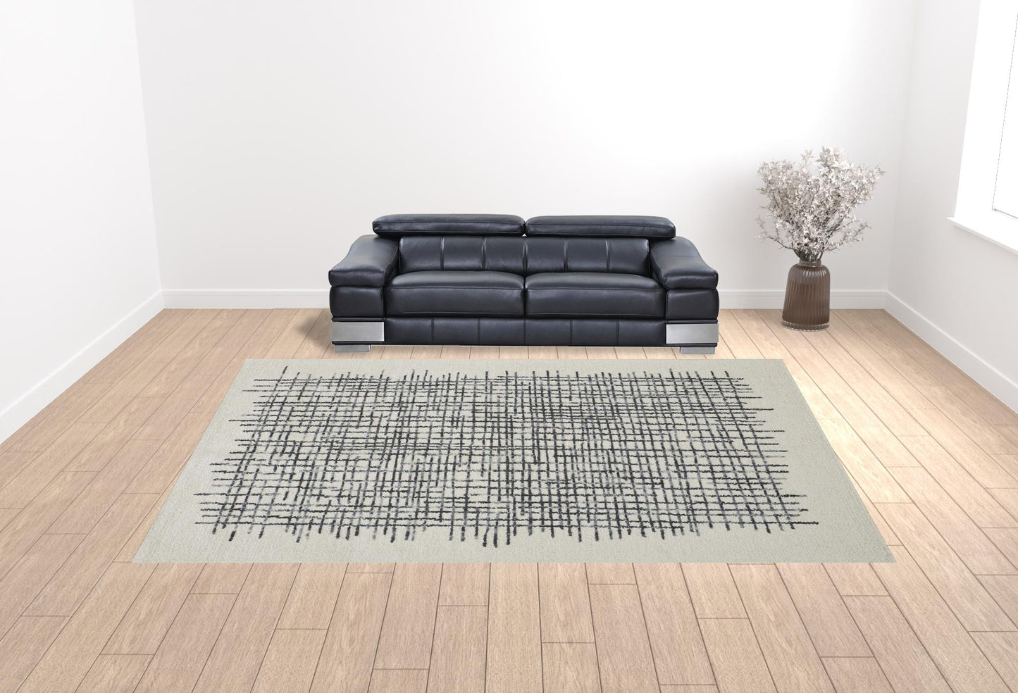 12 x 15 Ivory Gray & Black Wool Plaid Tufted Handmade Rug
