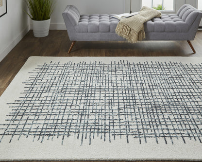 12 x 15 Ivory Gray & Black Wool Plaid Tufted Handmade Rug
