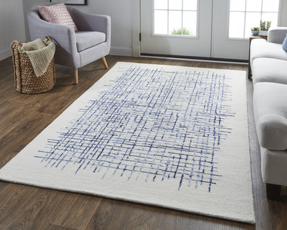 12 x 15 Ivory & Blue Wool Plaid Tufted Handmade Rug