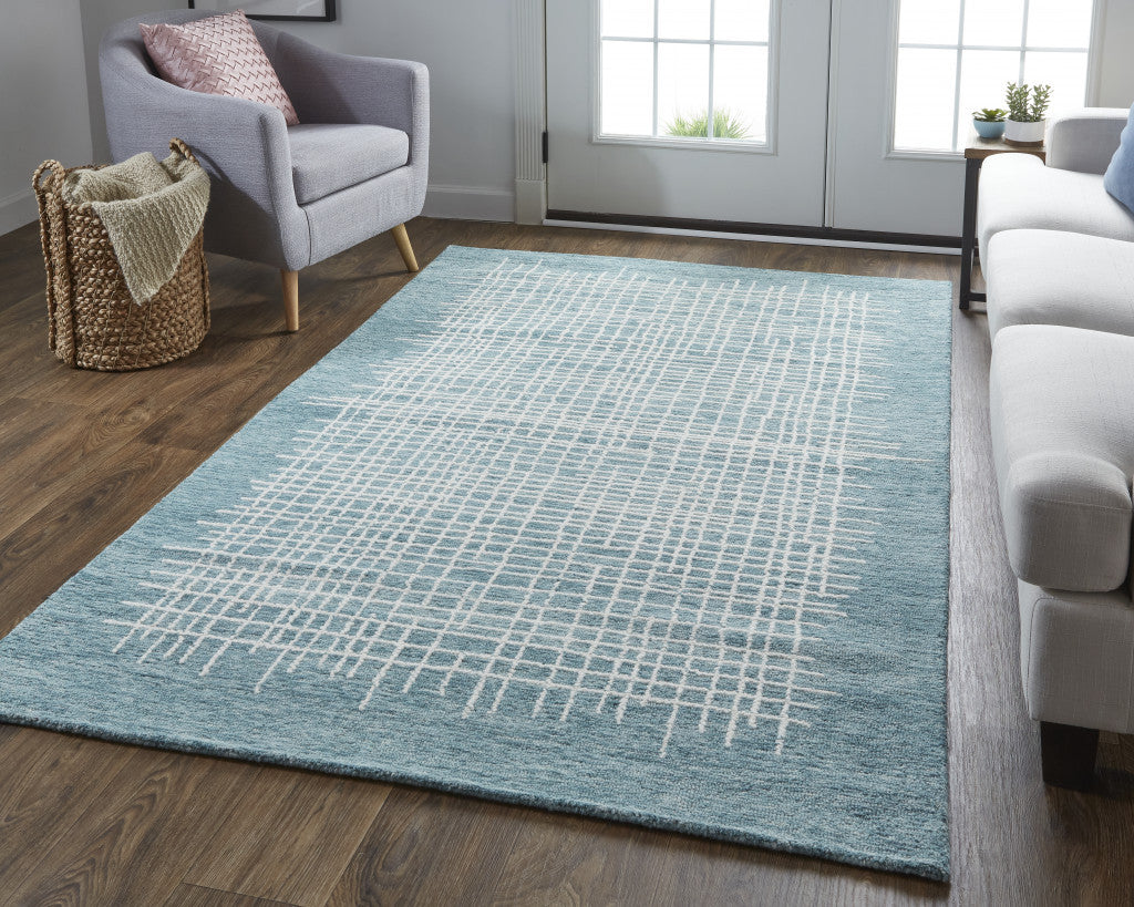8 x 10 Blue & Ivory Wool Plaid Tufted Handmade Stain Resistant Rug