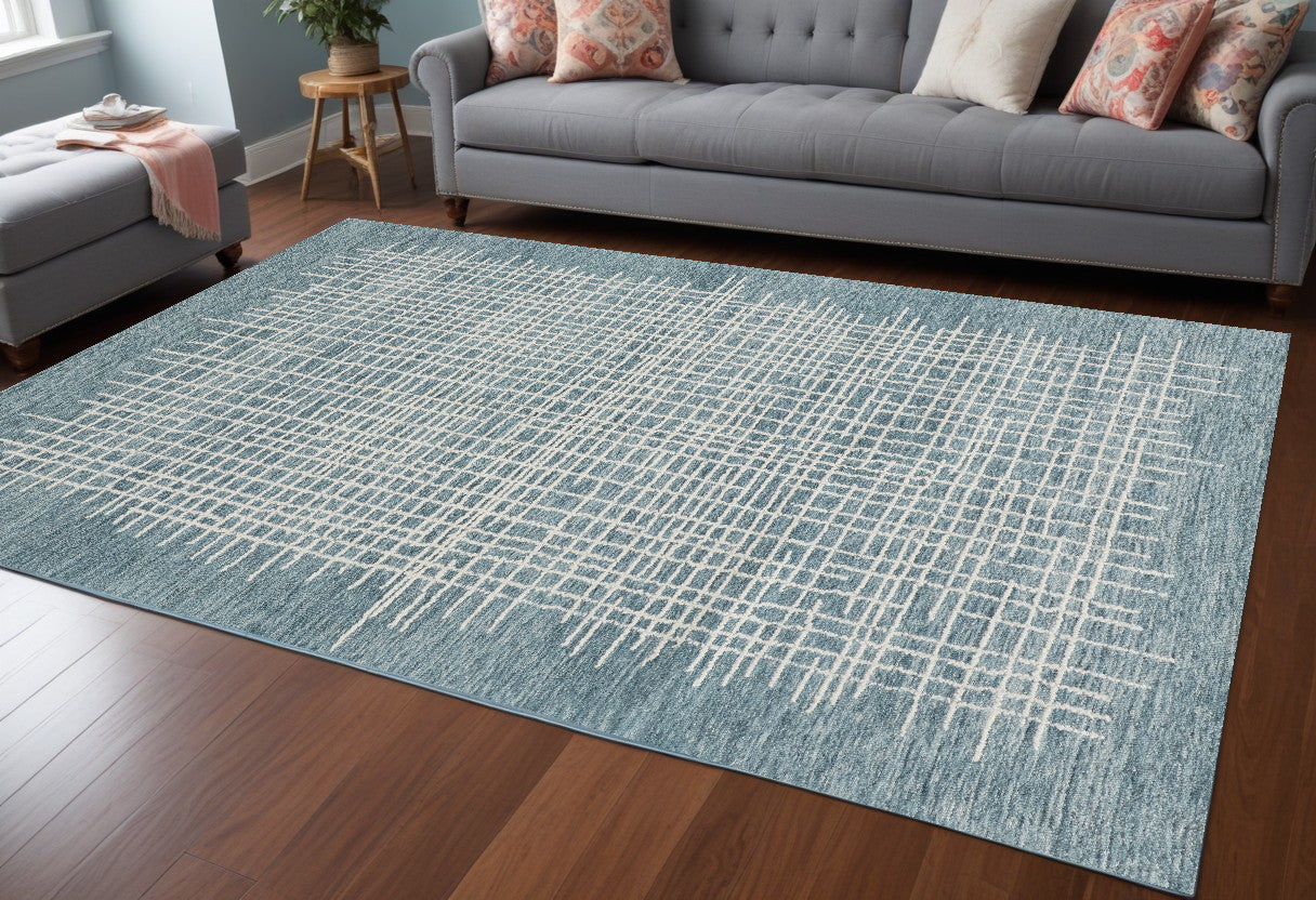 8 x 10 Blue & Ivory Wool Plaid Tufted Handmade Stain Resistant Rug