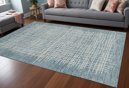 8 x 10 Blue & Ivory Wool Plaid Tufted Handmade Stain Resistant Rug