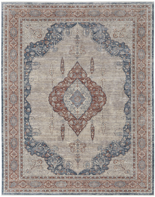 10 x 13 Gray Red & Blue Floral Power Loom Stain Resistant Rug