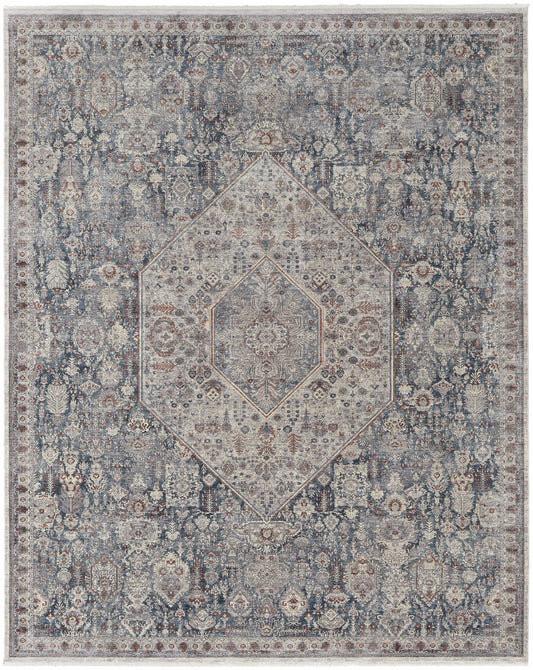 10 x 13 Blue & Ivory Floral Power Loom Stain Resistant Rug