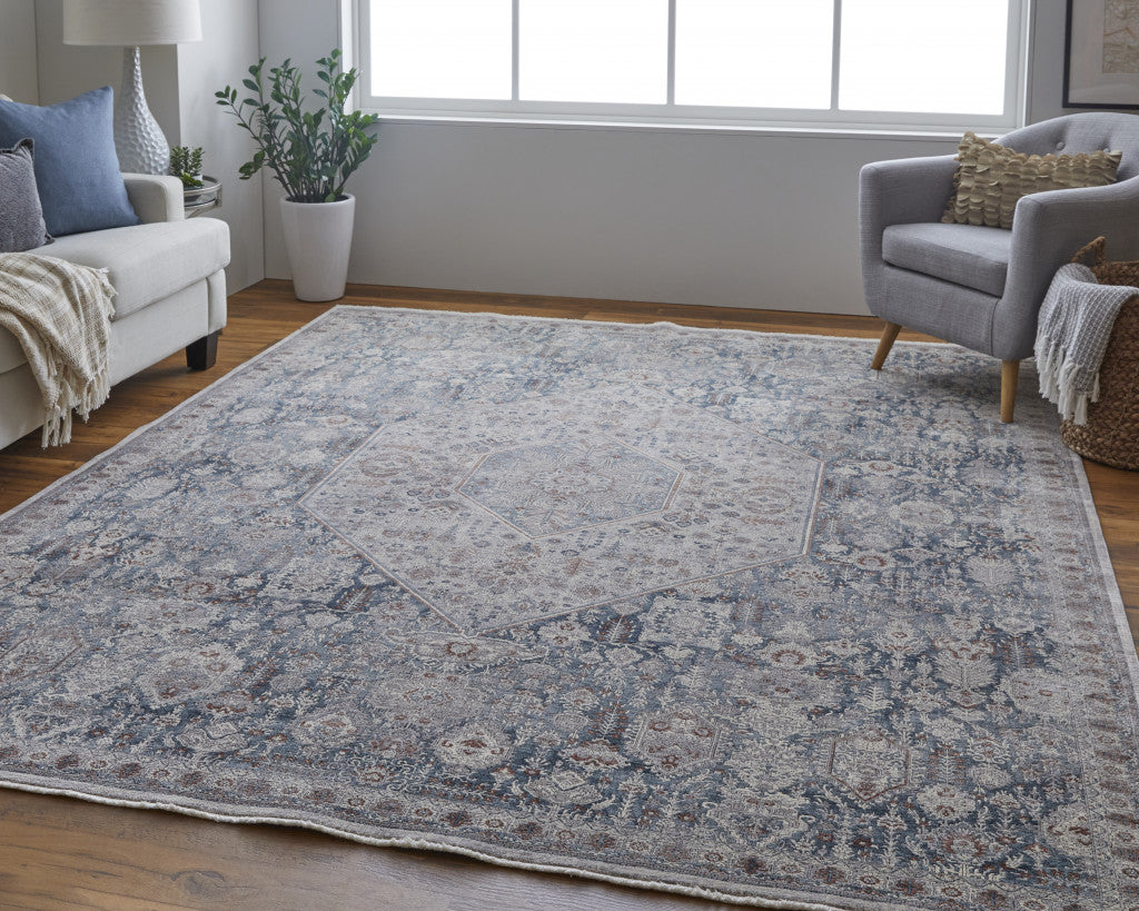 10 x 13 Blue & Ivory Floral Power Loom Stain Resistant Rug