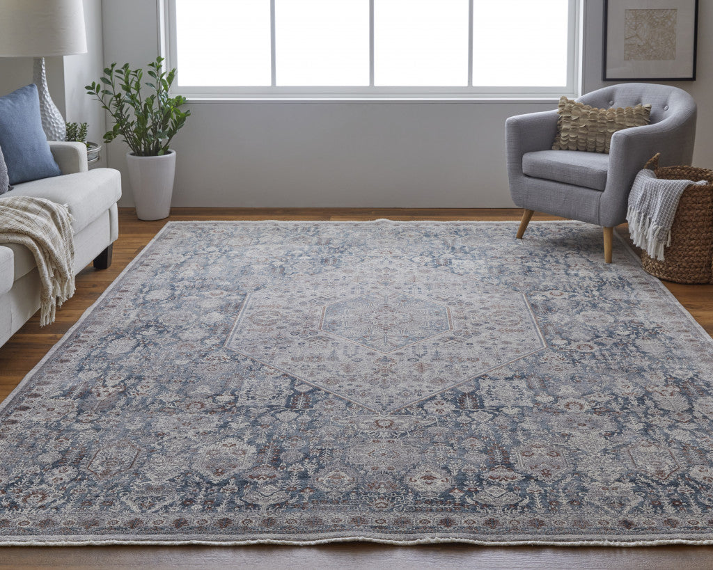 10 x 13 Blue & Ivory Floral Power Loom Stain Resistant Rug