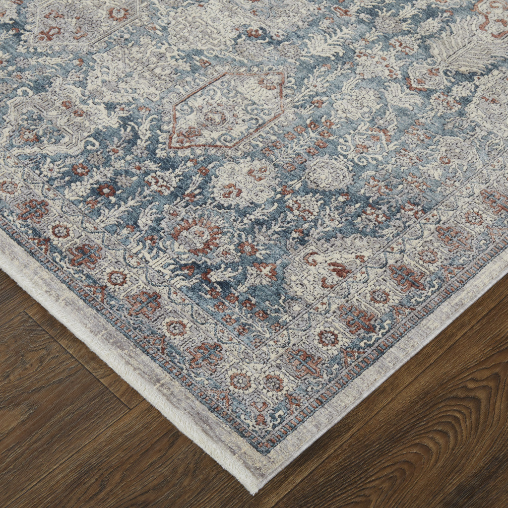 10 x 13 Blue & Ivory Floral Power Loom Stain Resistant Rug