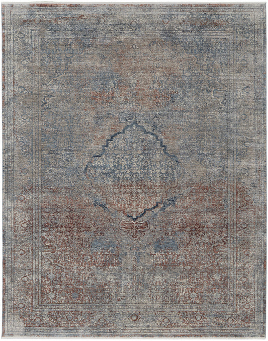 10 x 13 Blue Red & Gray Floral Power Loom Stain Resistant Rug
