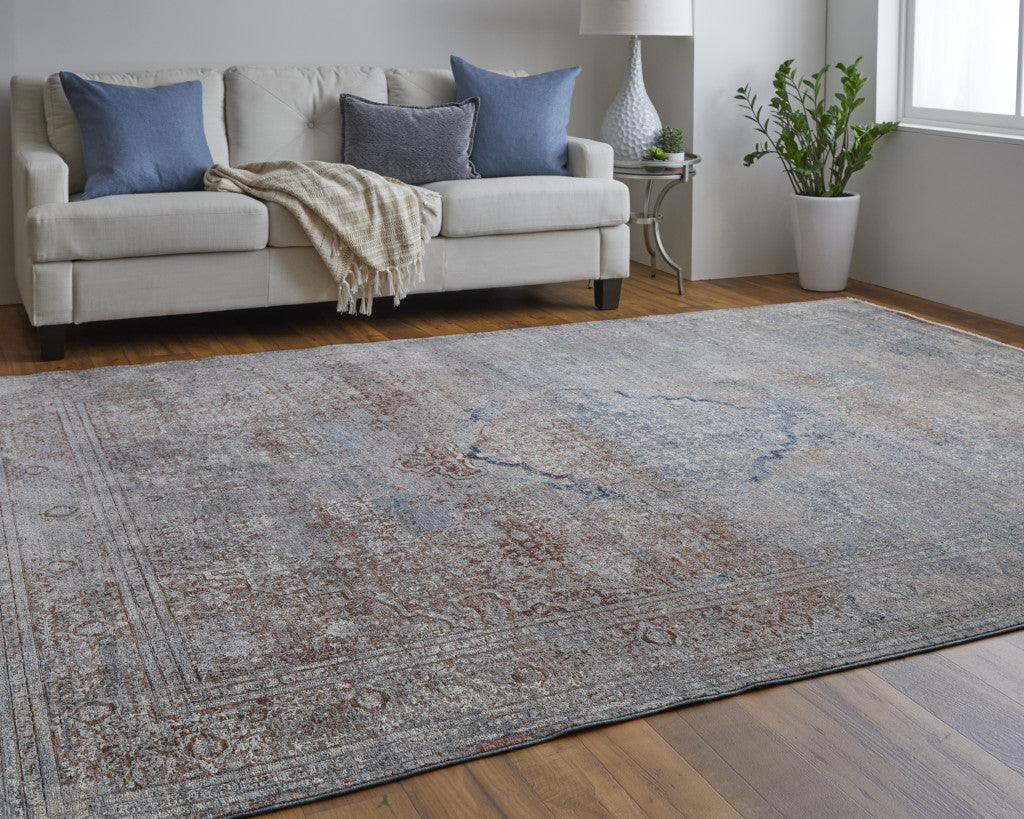 10 x 13 Blue Red & Gray Floral Power Loom Stain Resistant Rug