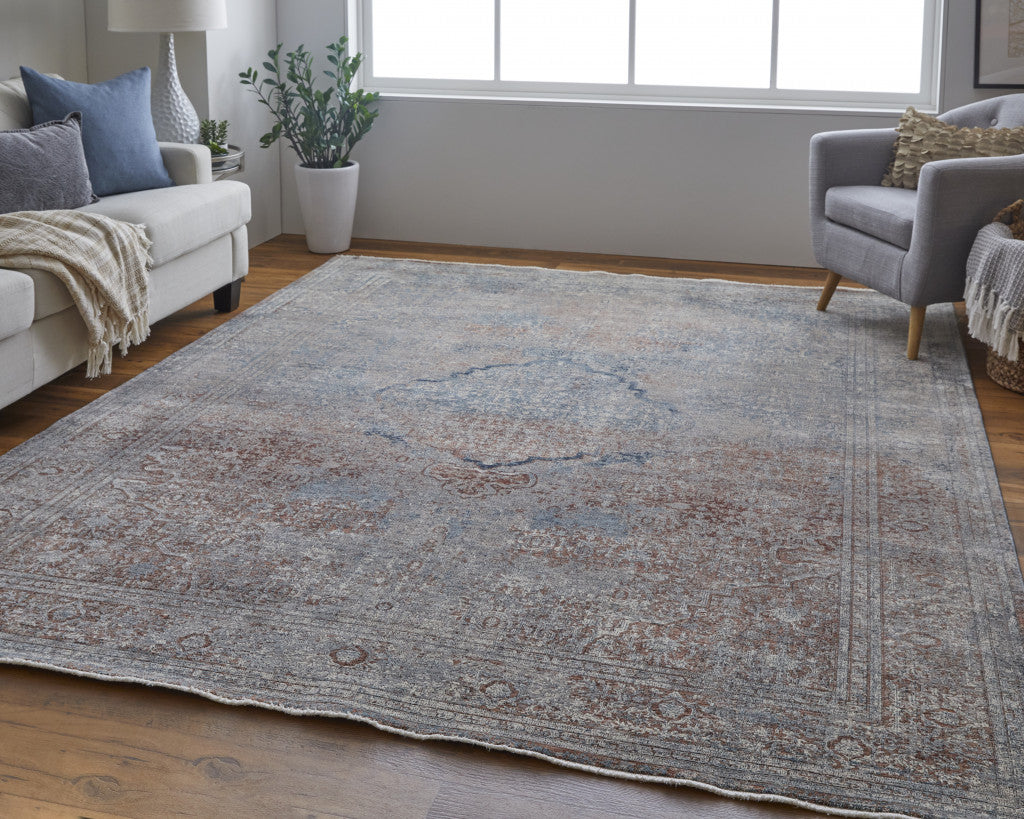 10 x 13 Blue Red & Gray Floral Power Loom Stain Resistant Rug