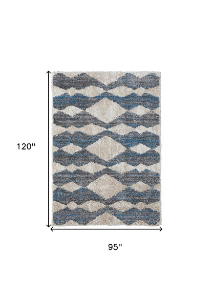 8 x 10 Ivory Gray & Blue Chevron Power Loom Stain Resistant Rug
