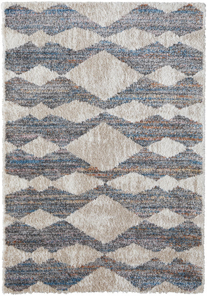 8 x 10 Tan Ivory & Blue Chevron Power Loom Stain Resistant Rug