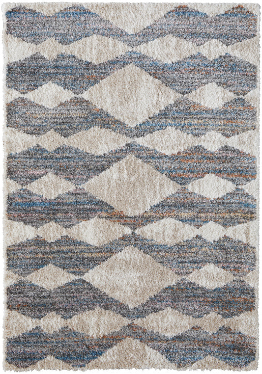 8 x 10 Tan Ivory & Blue Chevron Power Loom Stain Resistant Rug
