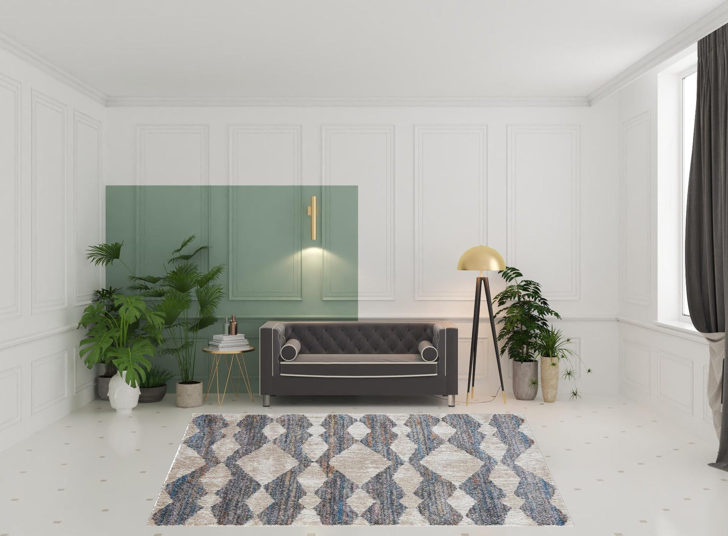 8 x 10 Tan Ivory & Blue Chevron Power Loom Stain Resistant Rug