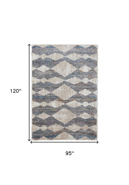 8 x 10 Tan Ivory & Blue Chevron Power Loom Stain Resistant Rug