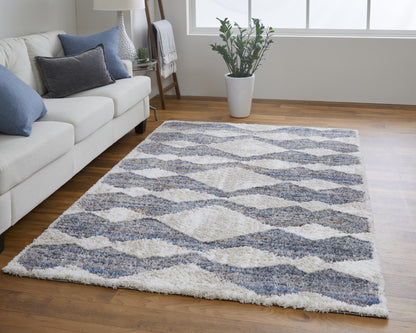 8 x 10 Tan Ivory & Blue Chevron Power Loom Stain Resistant Rug