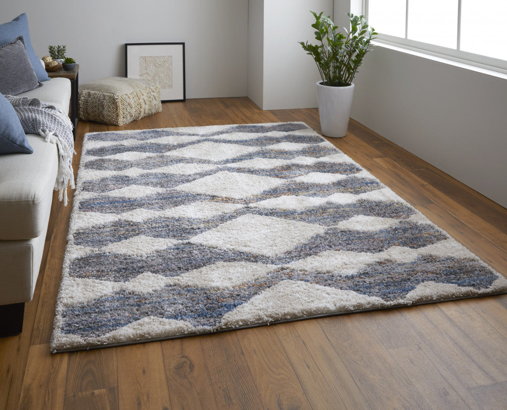 8 x 10 Tan Ivory & Blue Chevron Power Loom Stain Resistant Rug